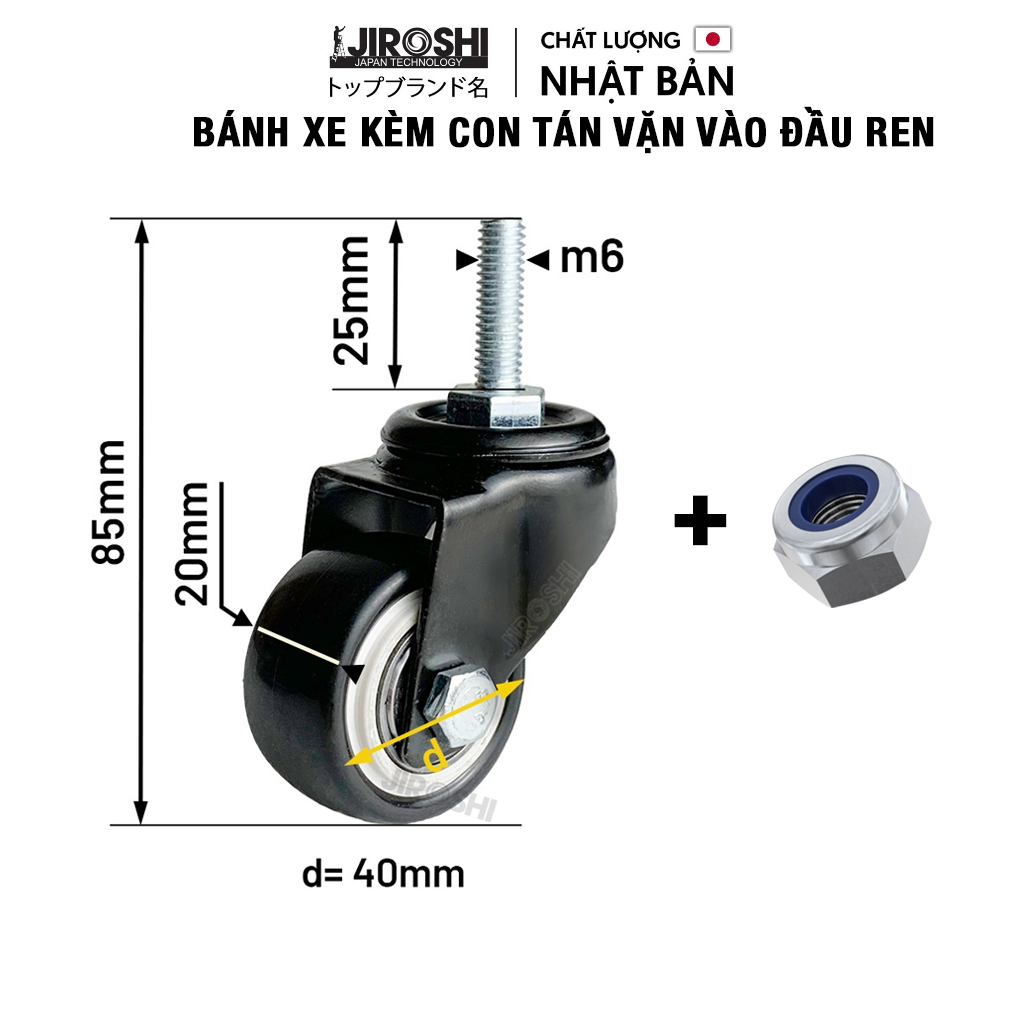 Bánh xe đẩy hàng mini ty ren M8 M10 M12 JIROSHI, bánh xe công nghệ Nhật ...
