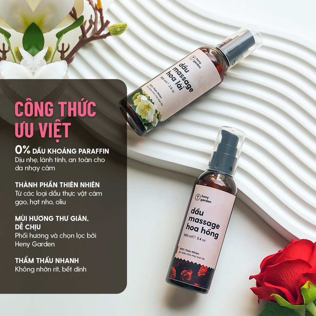 Mô tả Dầu Massage Body Thiên Nhiên 100mL Heny Garden, Dưỡng Da Từ Dầu Mát Xa Hạt Nho, Olive và Cám Gạo - 1