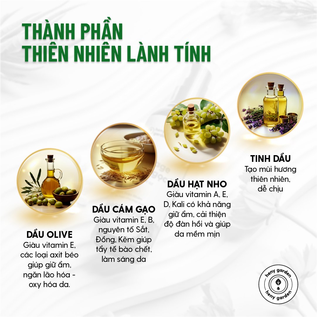 Mô tả Dầu Massage Body Thiên Nhiên 100mL Heny Garden, Dưỡng Da Từ Dầu Mát Xa Hạt Nho, Olive và Cám Gạo - 4