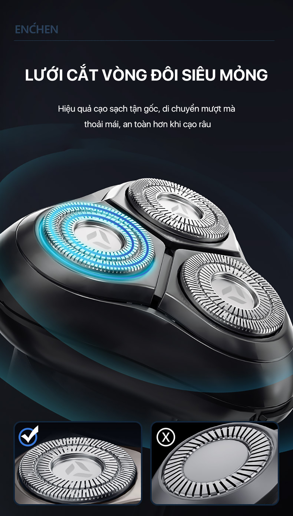 Mô tả Máy cạo râu Blackstone 8 Enchen 3 lưỡi dao 3D, lưới kép siêu mỏng, chống nước IPX7 - BH 6 tháng - 2