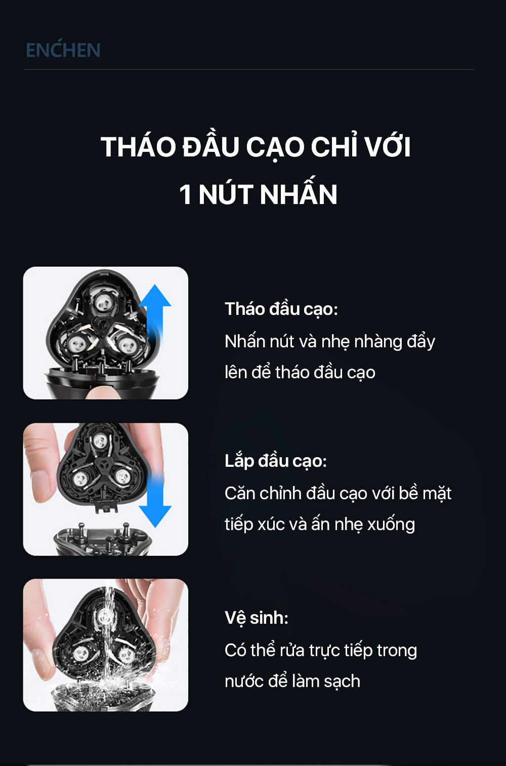 Mô tả Máy cạo râu Blackstone 8 Enchen 3 lưỡi dao 3D, lưới kép siêu mỏng, chống nước IPX7 - BH 6 tháng - 6