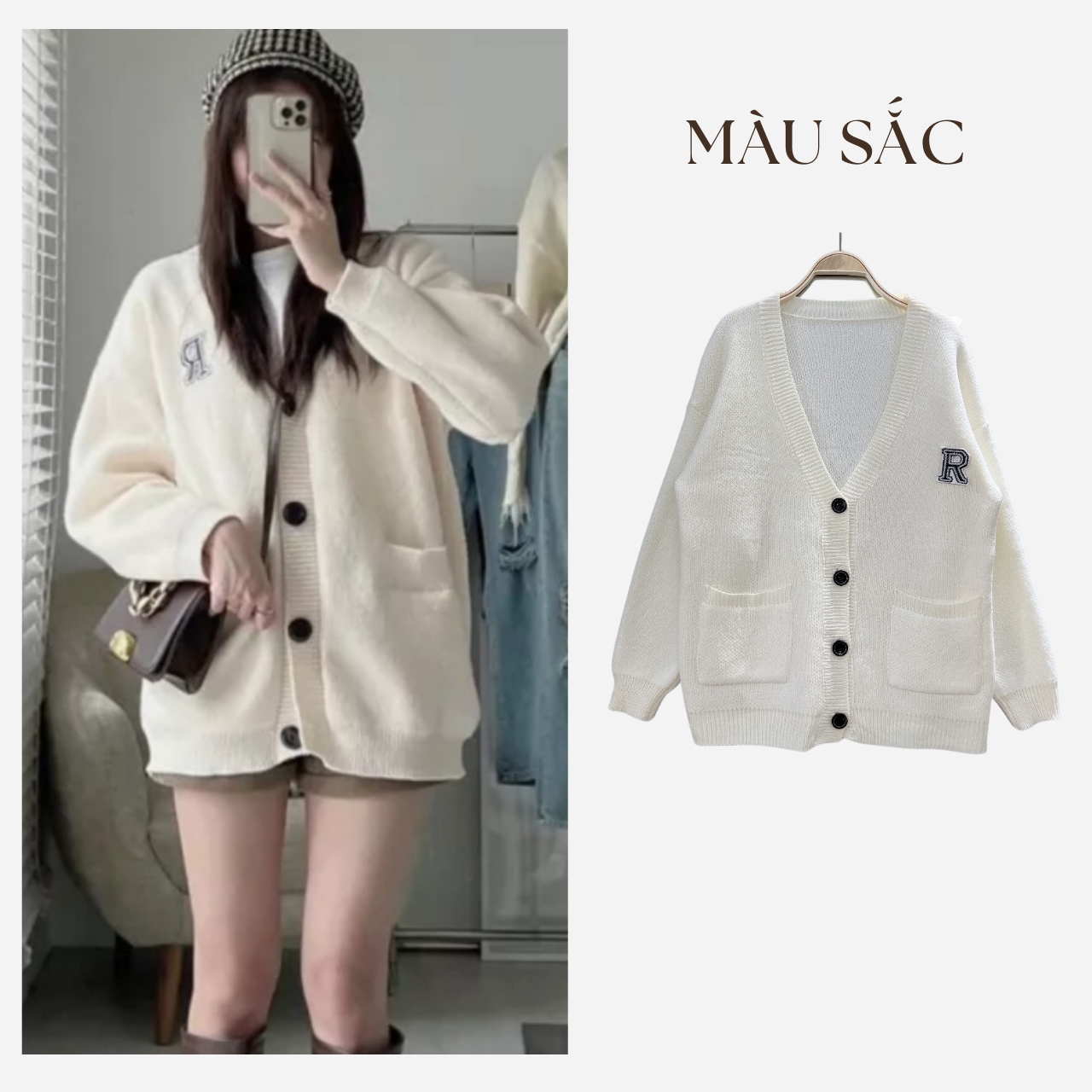 Áo Khoác Cardigan Thêu Chữ R 2 Túi Chất Len Dày Mịn Form Dài Rộng ...