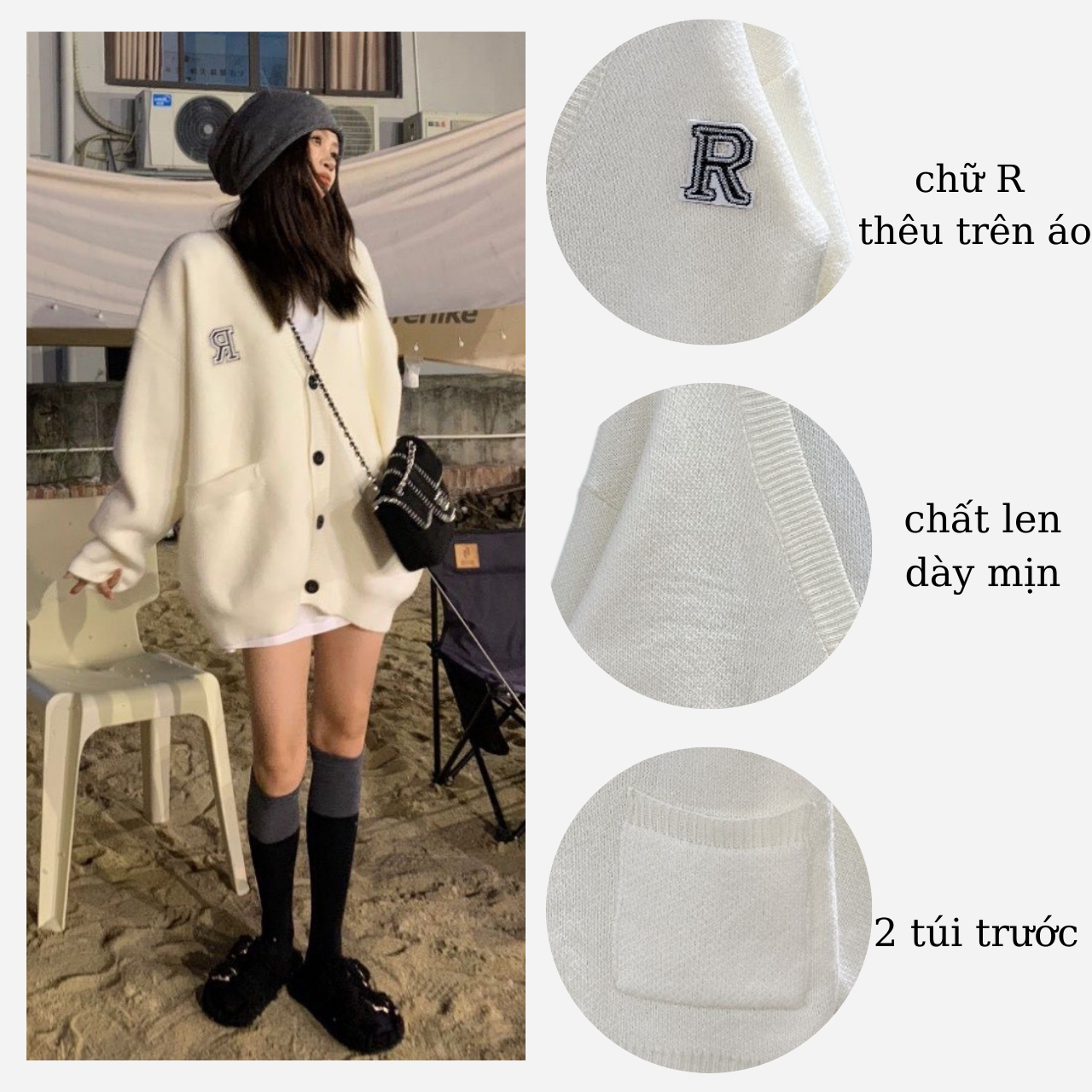 Áo Khoác Cardigan Thêu Chữ R 2 Túi Chất Len Dày Mịn Form Dài Rộng ...