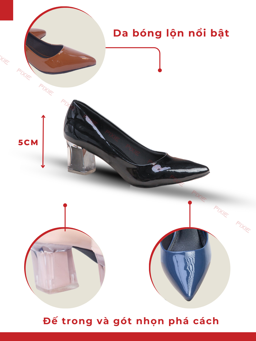 Mô tả Giày Cao Gót 5cm Da Bóng Mũi Nhọn Đế Vuông Phối Mica Pixie P006 - 2