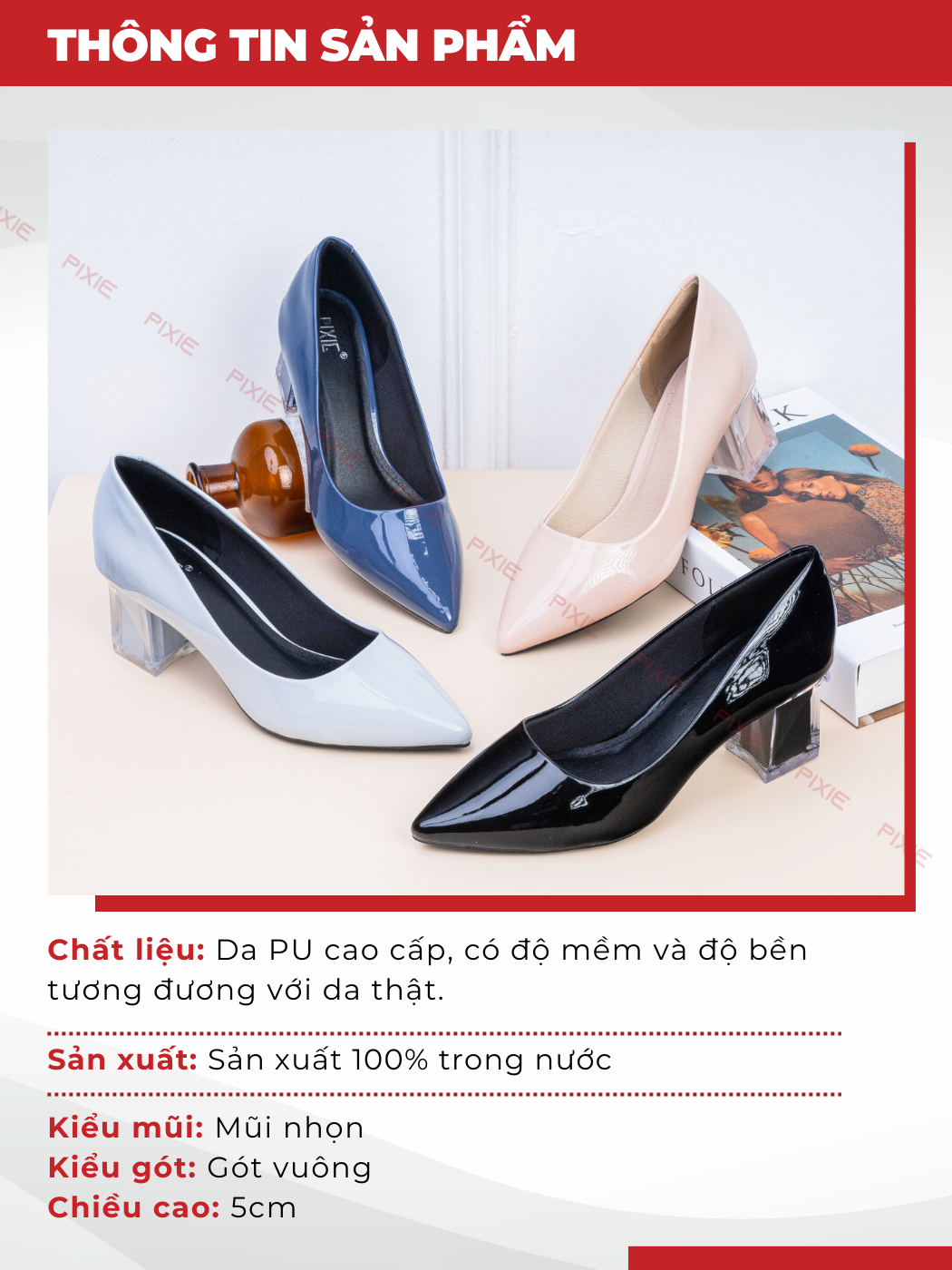 Mô tả Giày Cao Gót 5cm Da Bóng Mũi Nhọn Đế Vuông Phối Mica Pixie P006 - 4