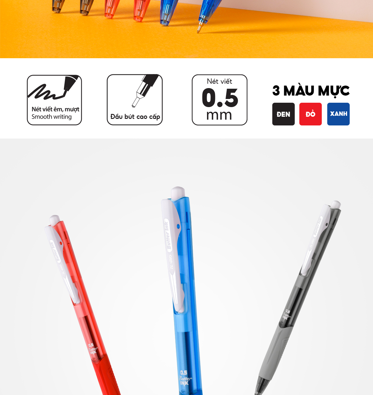 Mô tả Combo 5/10/20 Bút bi Thiên Long TL-095 Butter Ink - Viết bi ngòi 0.5mm kiểu dáng hiện đại cầm tay thoải mái nét đều trơn - 2