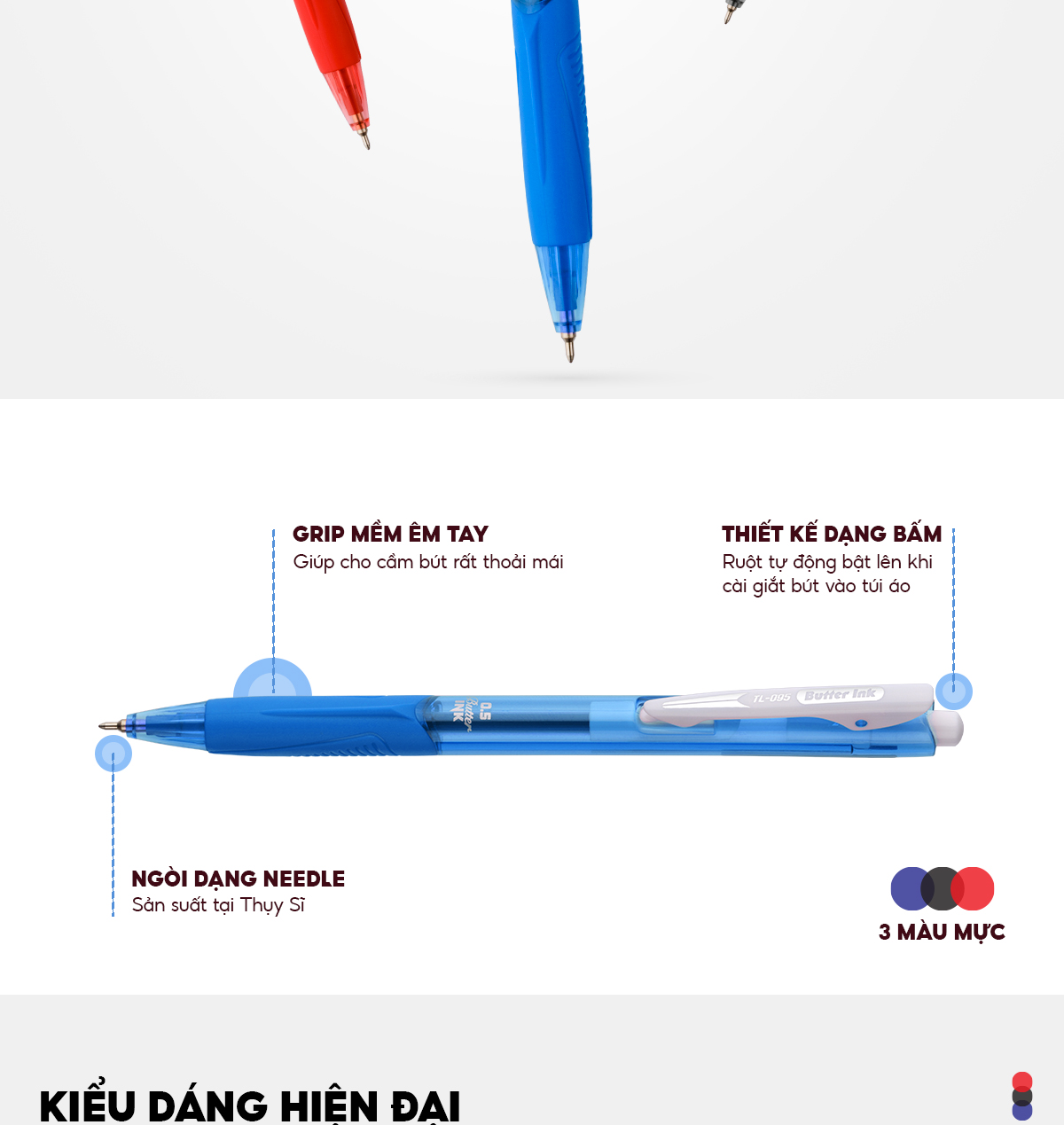 Mô tả Combo 5/10/20 Bút bi Thiên Long TL-095 Butter Ink - Viết bi ngòi 0.5mm kiểu dáng hiện đại cầm tay thoải mái nét đều trơn - 3