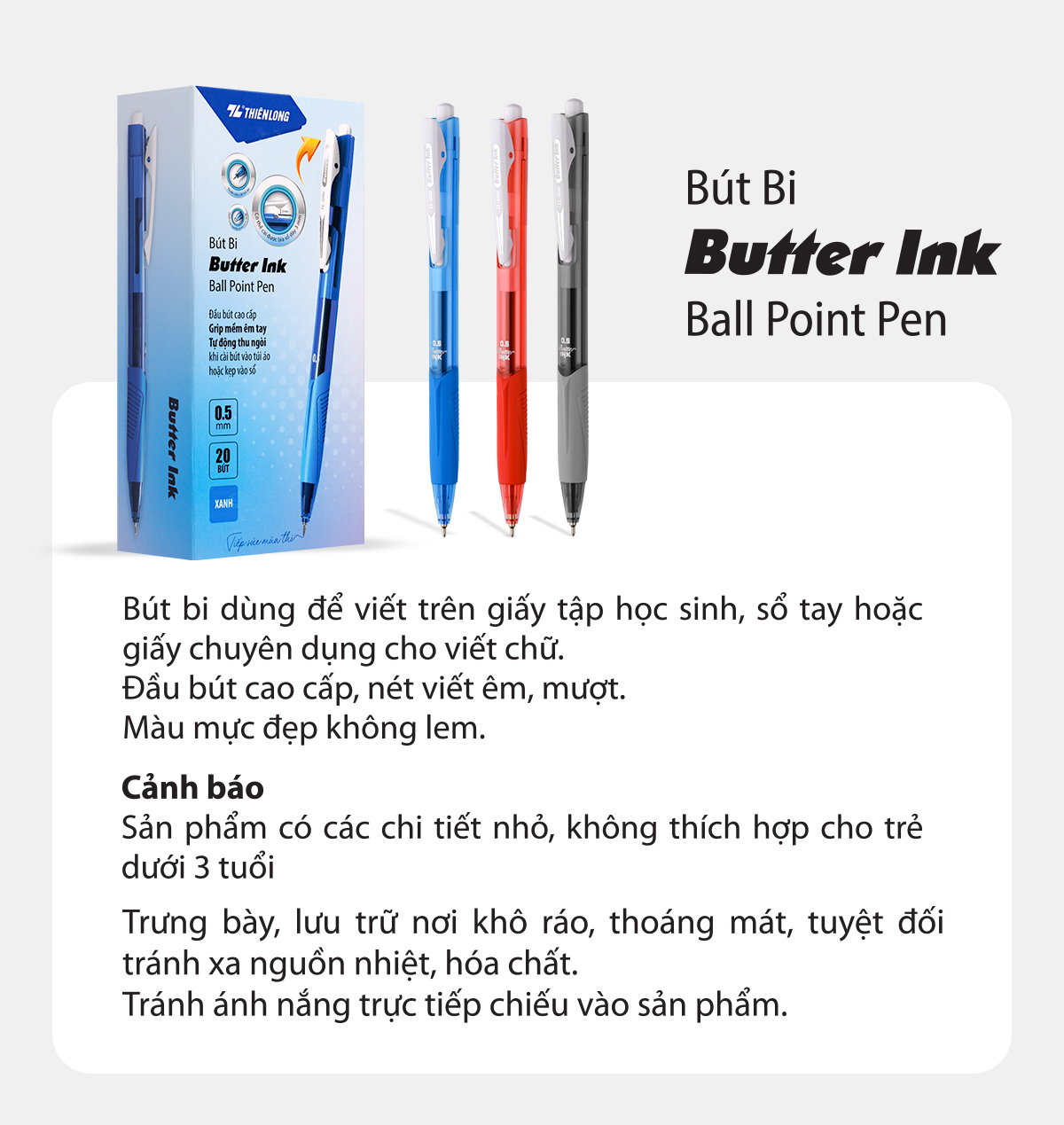 Mô tả Combo 5/10/20 Bút bi Thiên Long TL-095 Butter Ink - Viết bi ngòi 0.5mm kiểu dáng hiện đại cầm tay thoải mái nét đều trơn - 12