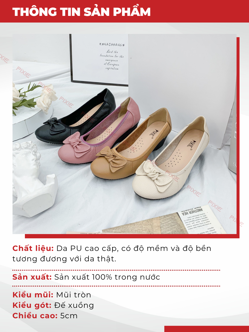 Mô tả Giày Búp Bê Đế Xuồng 5cm Da Thật Êm Chân Màu Đen Pixie X461 - 4