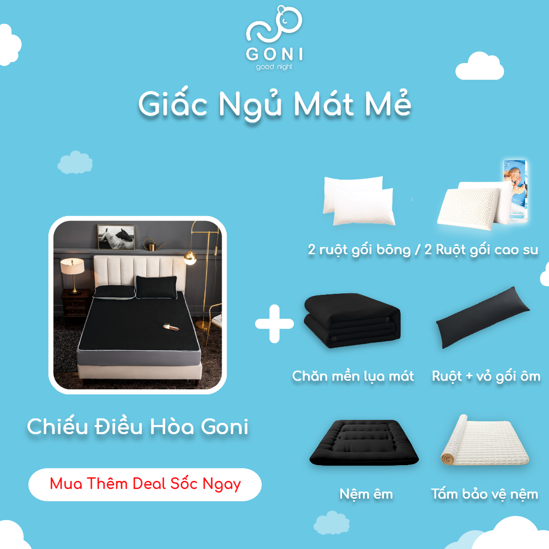 Mô tả Chiếu điều hoà Goni màu đen vải lụa lõi cao su làm mát tự nhiên kèm vỏ gối 1m x 2m, 1m2 x 2m, 1m4 x 2m, 1m6, 1m8 x 2m, 2 - 9