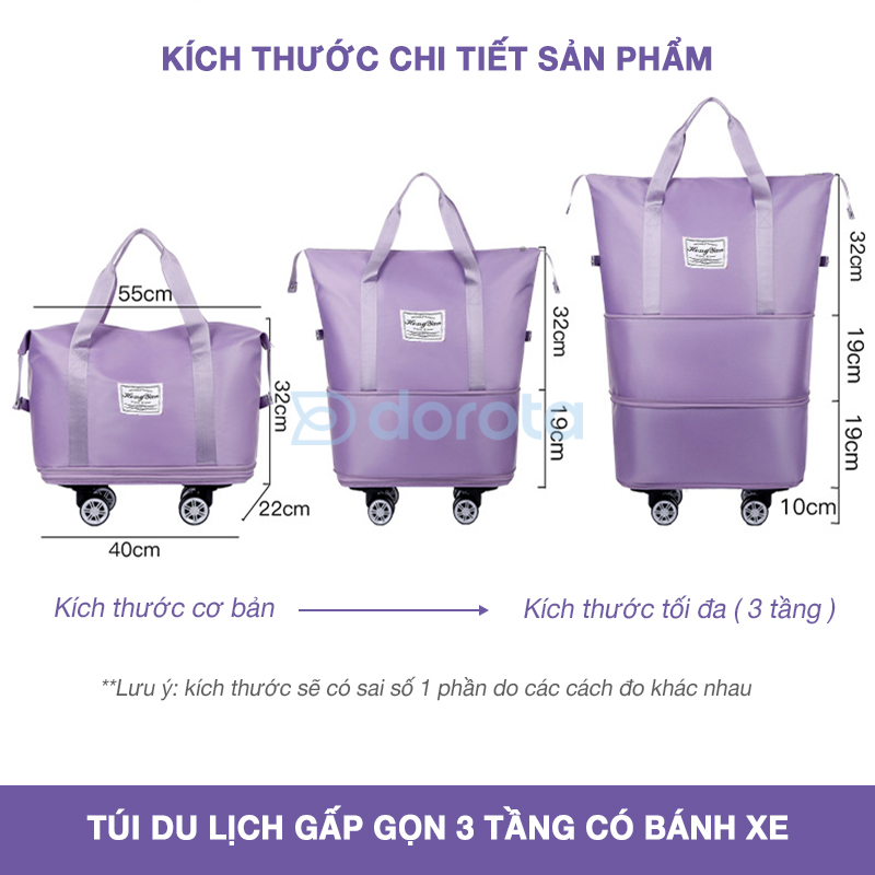Mô tả Túi du lịch 3 tầng gấp gọn có bánh xe kích thước lớn đi dã ngoại, công tác kéo tay, cài vali 3TBX - 1