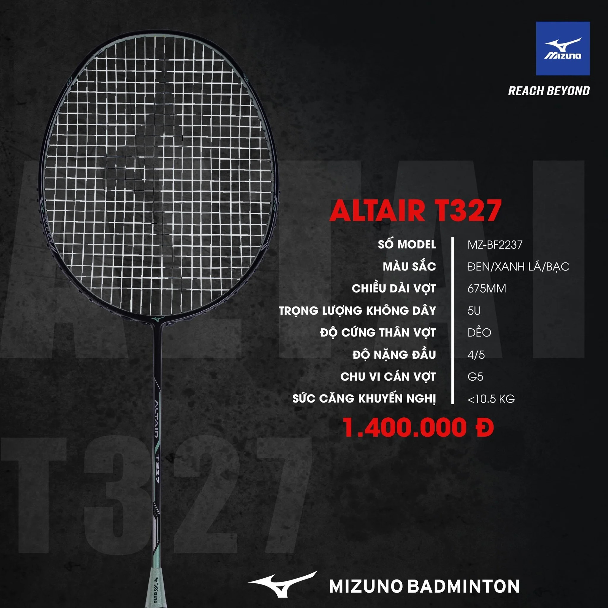 Mô tả Vợt cầu lông Mizuno Altair T327 chính hãng, 5U (KHUNG VỢT) - 1