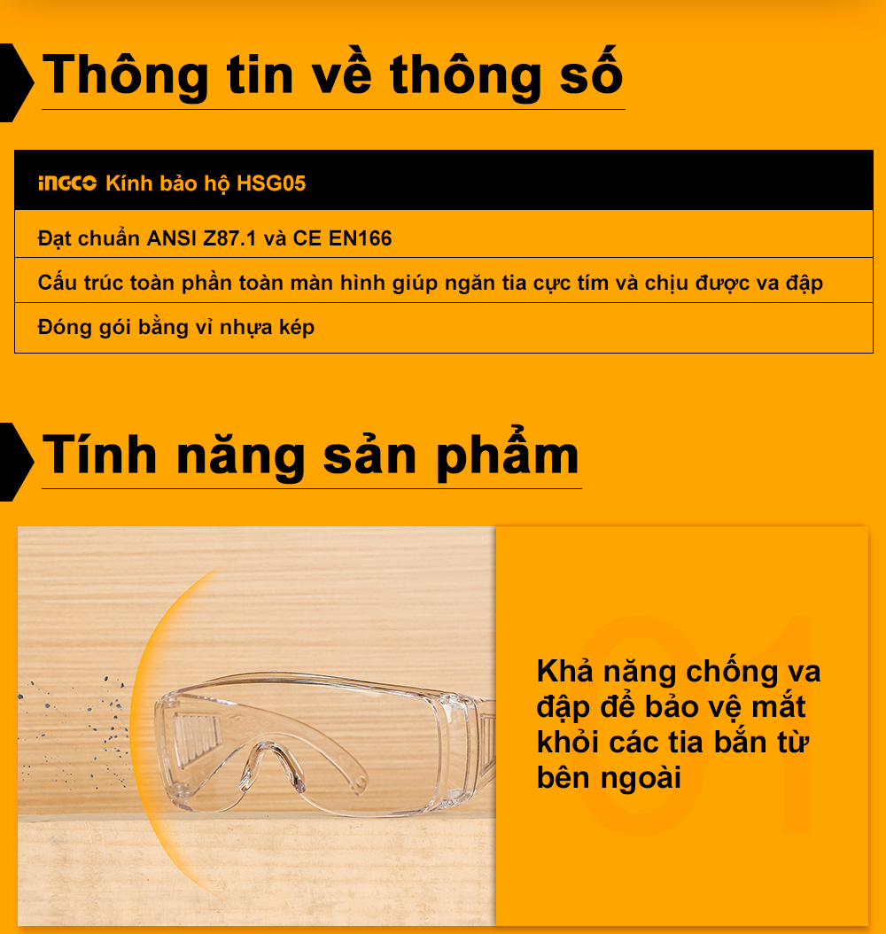 Mô tả Kính bảo hộ lao động INGCO HSG05 dụng cụ bảo vệ mắt cho thợ cơ khí, thợ làm cửa sắt, công trình, mộc - 3