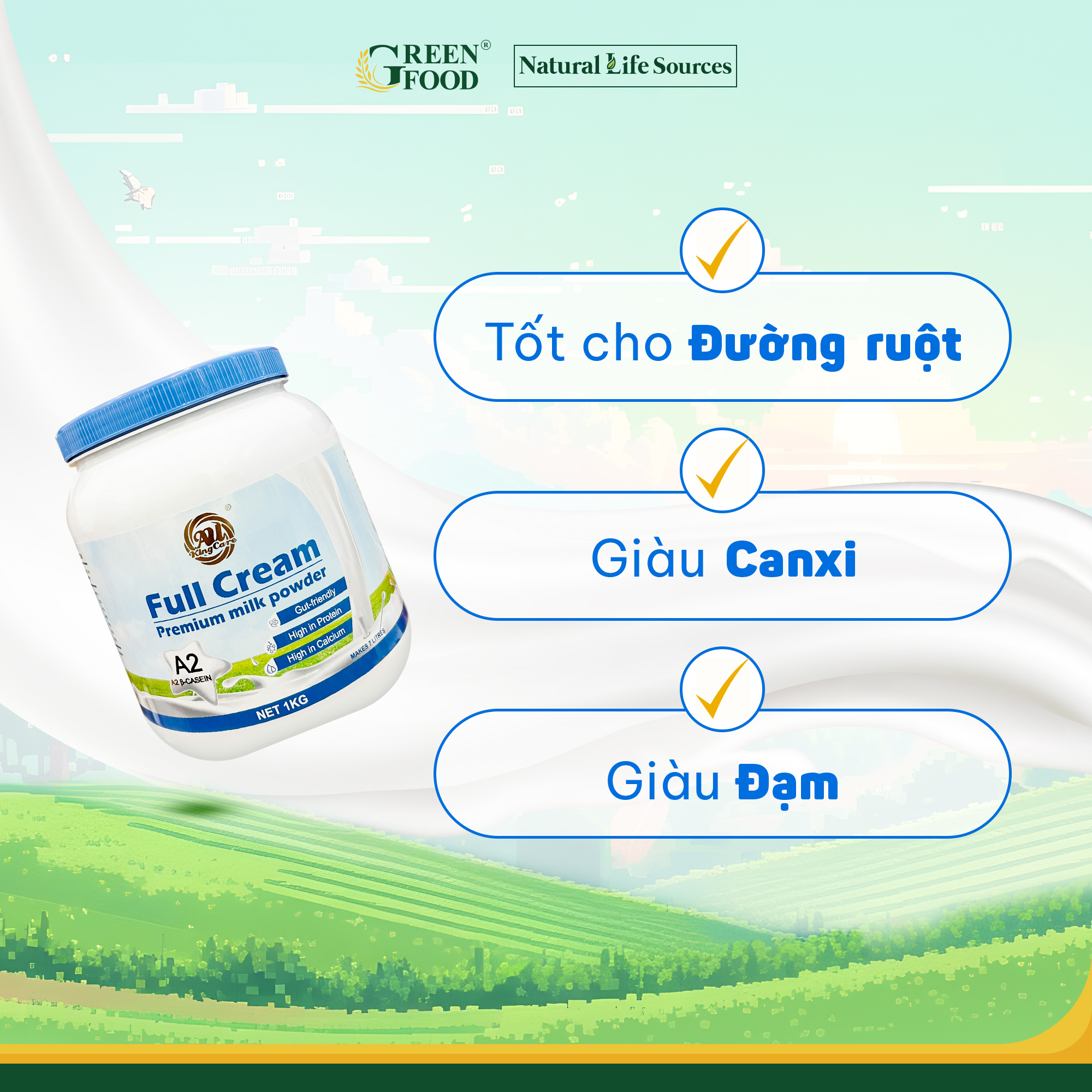 Mô tả Sữa Bột A2 Nguyên kem Cao cấp AU KingCare từ Úc | Hộp 1kg - Pha được 7L, Thơm ngon Giàu Canxi và Đạm - 1