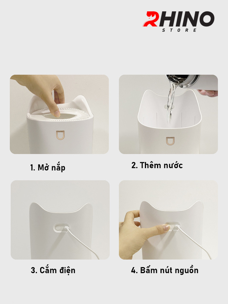 Mô tả Máy phun sương tạo ẩm cỡ lớn Rhino H802 3000ml, 2 lõi phun, tích hợp đèn 7 màu, dung tích lớn - 2