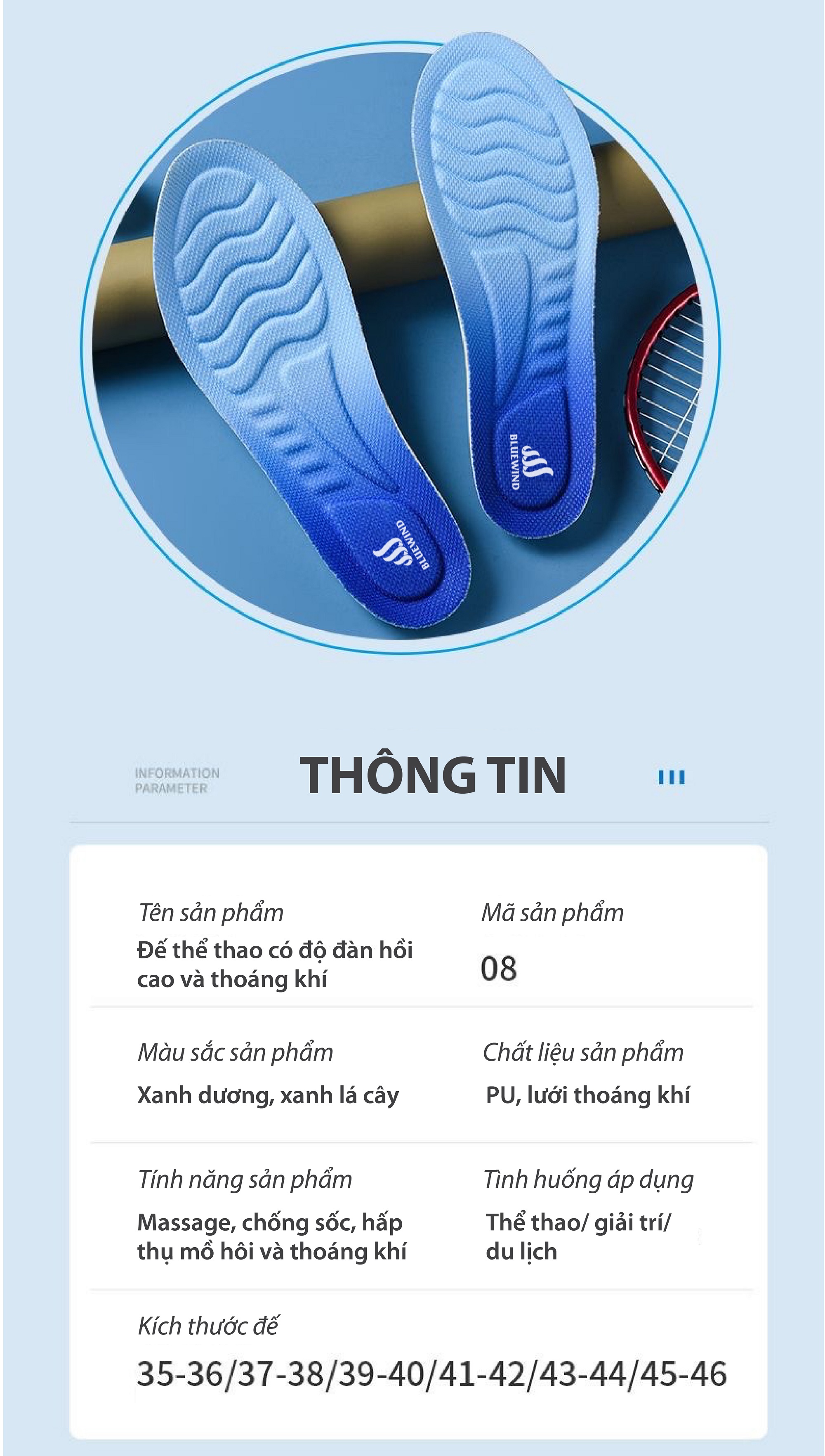 Mô tả Lót Giày Cao Su Non BLUEWIND Đàn Hồi Chống Sốc Cao, Miếng Lót Giày Chống Rộng Thoáng Khí 9312 - 6