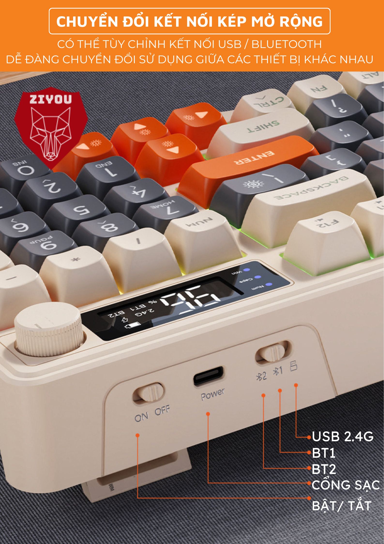 Mô tả Bàn Phím Gaming Không Dây Bluetooth Ziyou M96 Có LED 2 Chế Độ Kết Nối Cho Máy Tính, Laptop  Tích Hợp Màn Hình, Núm Xoay - 5