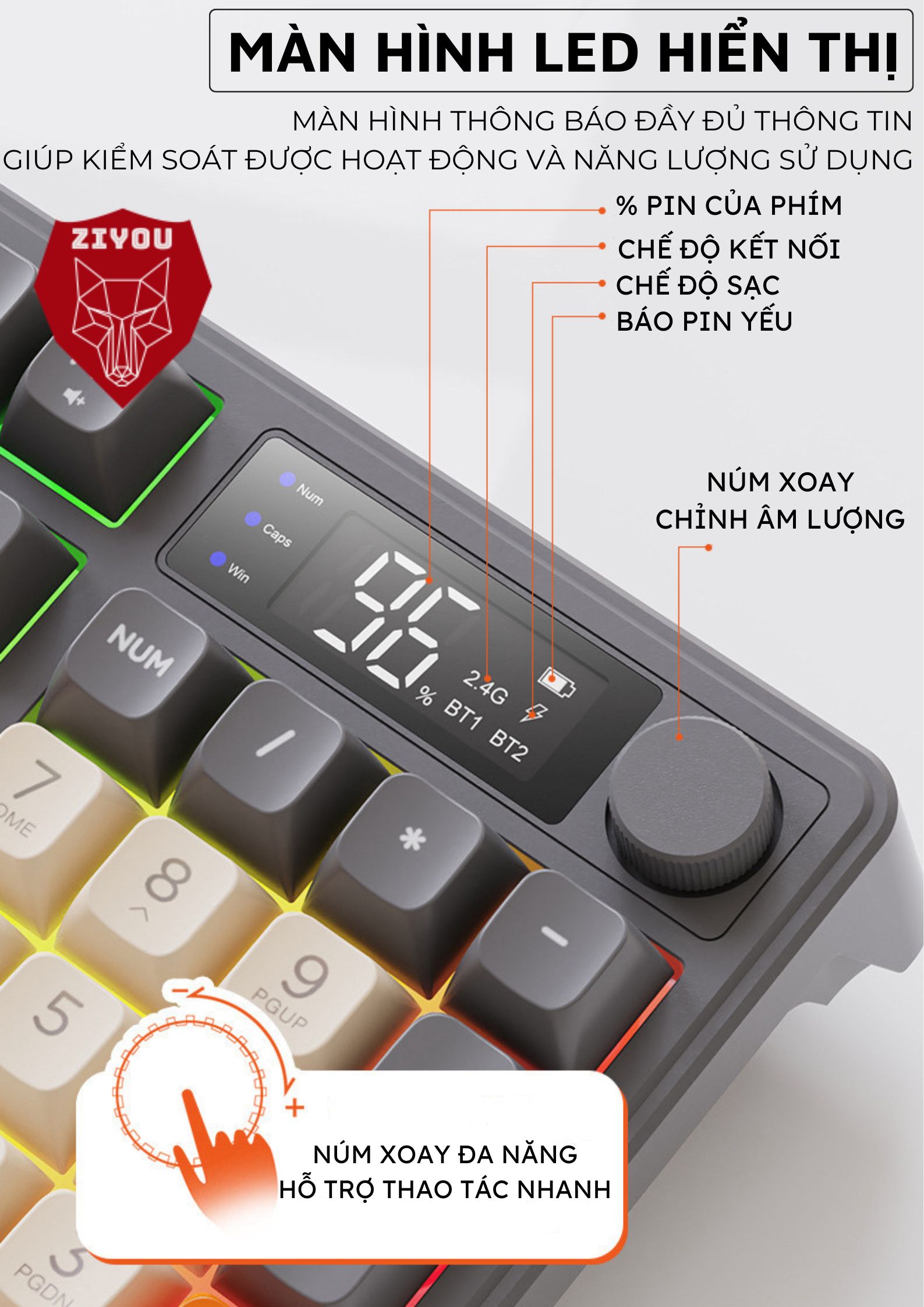 Mô tả Bàn Phím Gaming Không Dây Bluetooth Ziyou M96 Có LED 2 Chế Độ Kết Nối Cho Máy Tính, Laptop  Tích Hợp Màn Hình, Núm Xoay - 6