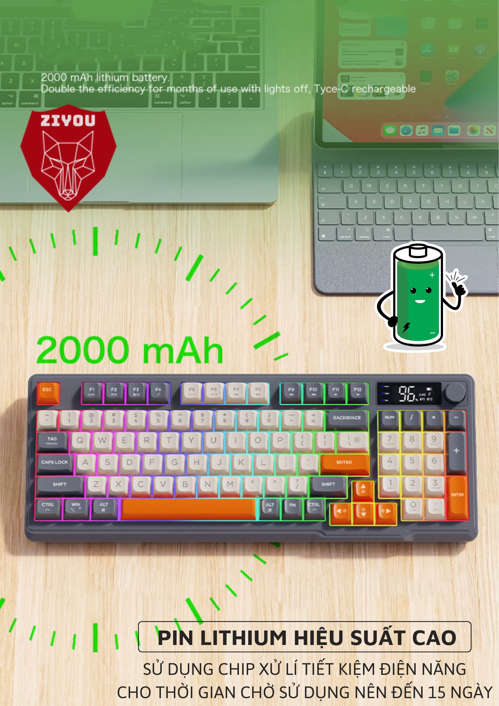 Mô tả Bàn Phím Gaming Không Dây Bluetooth Ziyou M96 Có LED 2 Chế Độ Kết Nối Cho Máy Tính, Laptop  Tích Hợp Màn Hình, Núm Xoay - 7