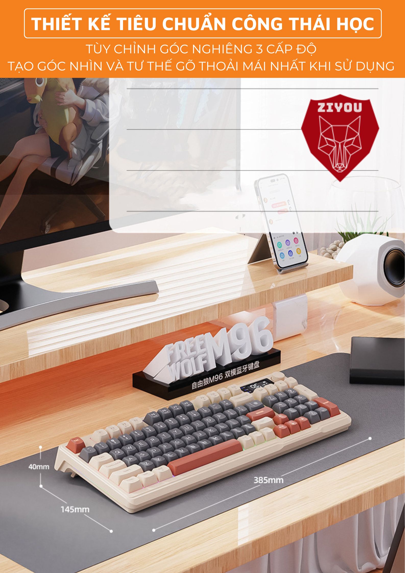 Mô tả Bàn Phím Gaming Không Dây Bluetooth Ziyou M96 Có LED 2 Chế Độ Kết Nối Cho Máy Tính, Laptop  Tích Hợp Màn Hình, Núm Xoay - 8