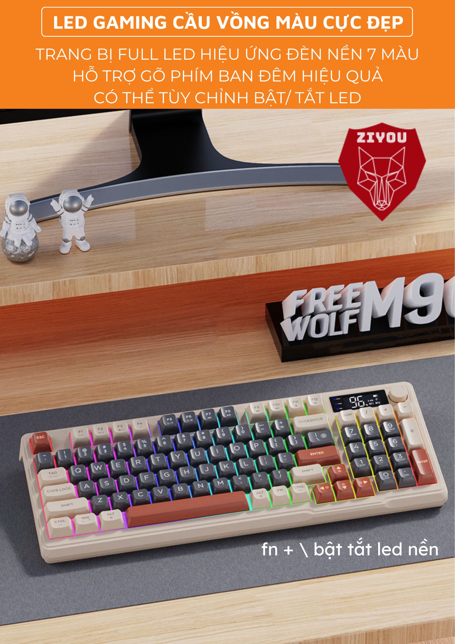 Mô tả Bàn Phím Gaming Không Dây Bluetooth Ziyou M96 Có LED 2 Chế Độ Kết Nối Cho Máy Tính, Laptop  Tích Hợp Màn Hình, Núm Xoay - 9