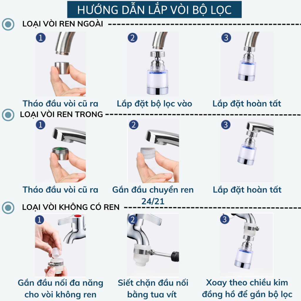 Mô tả Đầu Nối Vòi Nước Có Bông Lọc Hoạt Tính Xoay 360 Kèm Cục Chuyển Đổi Ren - OENON - 8