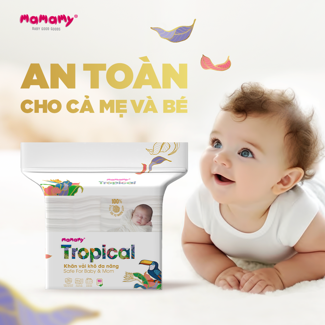 Mô tả -Khăn khô cao cấp cho bé Mamamy 100% sợi tự nhiên và rayon Tropical gói 160 tờ mềm, dai, sạch cực - 1