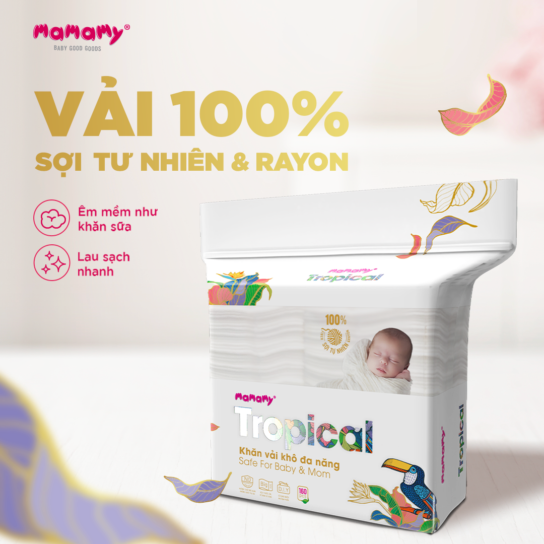 Mô tả -Khăn khô cao cấp cho bé Mamamy 100% sợi tự nhiên và rayon Tropical gói 160 tờ mềm, dai, sạch cực - 3