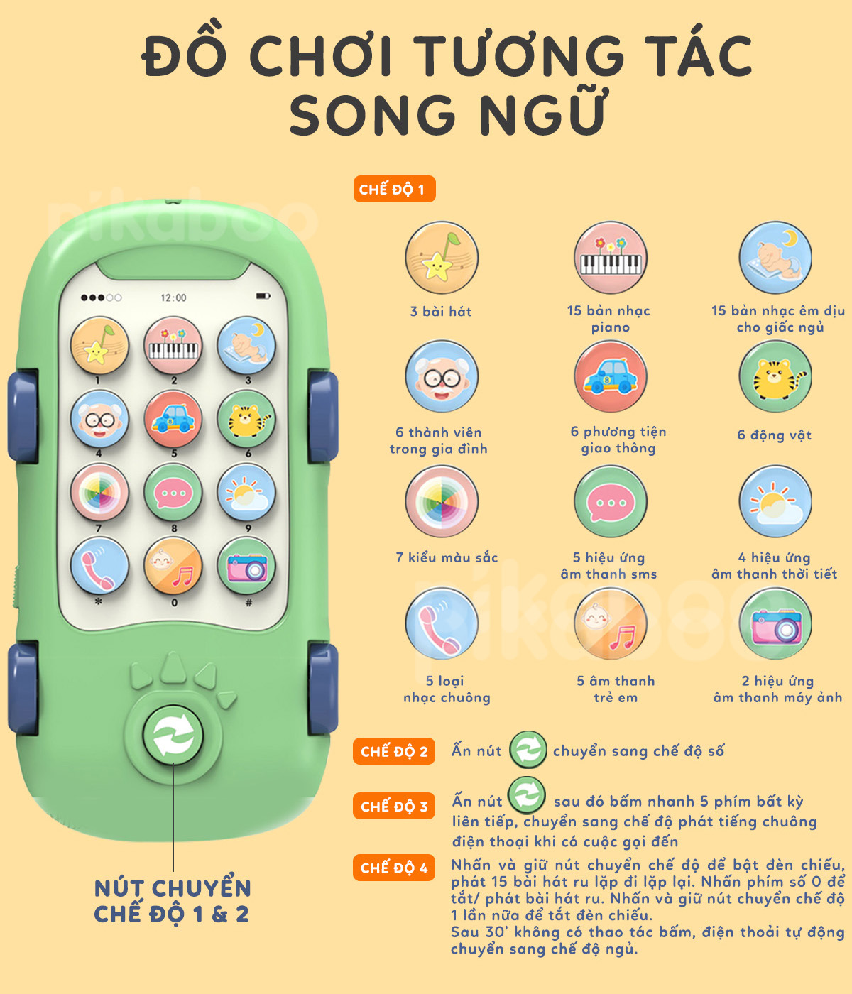 Mô tả Đồ chơi điện thoại thông minh mô hình cà rốt, ô tô cá sấu cho bé cao cấp Pikaboo đa dạng chức năng - 4