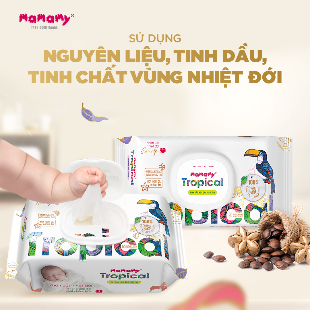 Mô tả -Khăn giấy ướt cao cấp cho bé Mamamy 100% sợi tự nhiên và rayon Tropical gói 90tờ tặng 60tờ, mềm, dai, sạch cực - 2