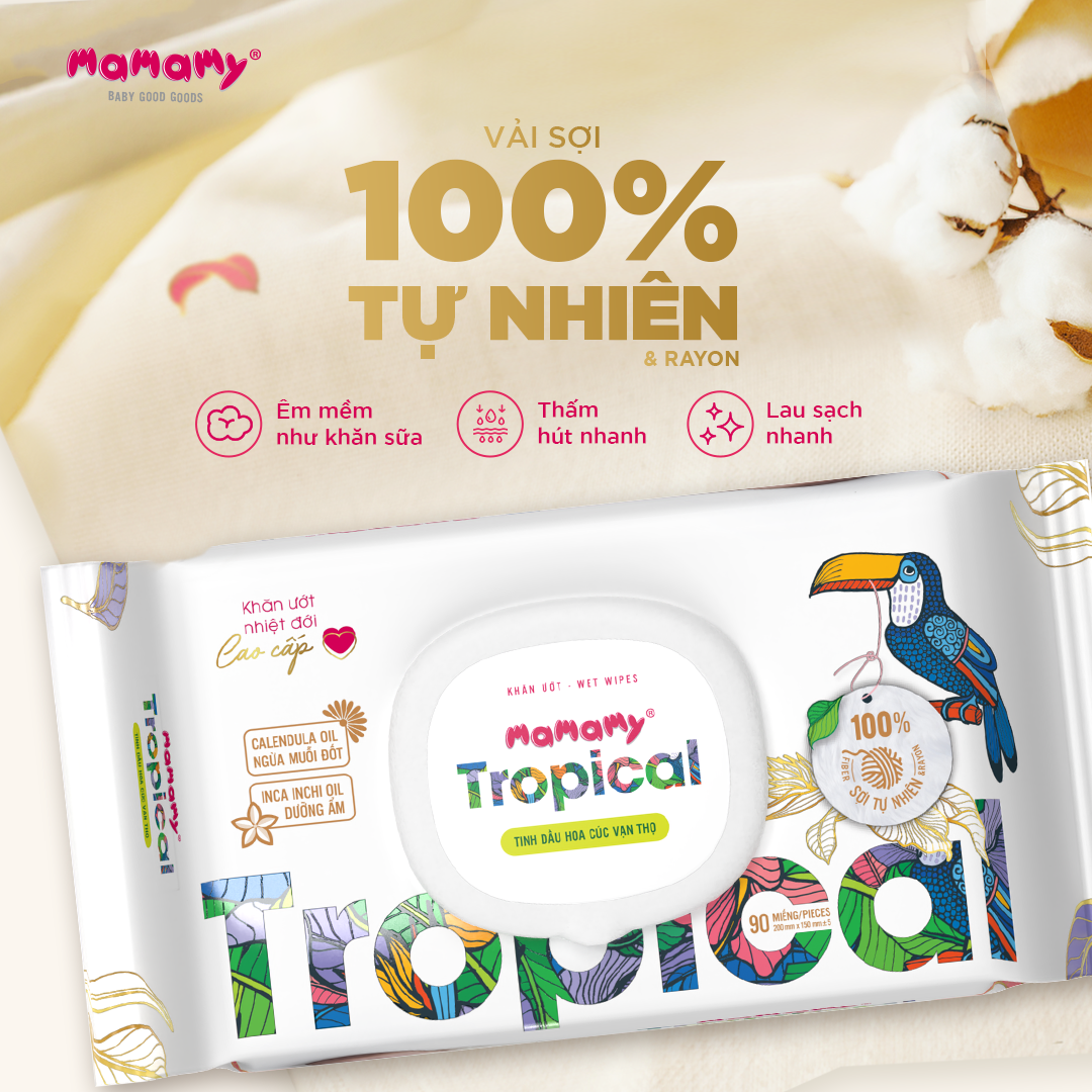 Mô tả Khăn ướt cao cấp cho bé Mamamy Tropical gói 60 tờ 100% sợi tự nhiên và rayon ngừa hăm, mềm dai sạch cực - 3