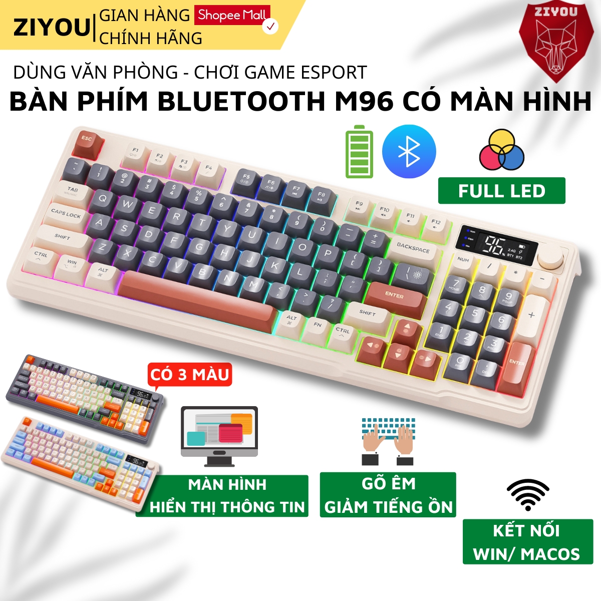 Mô tả Bàn Phím Gaming Không Dây Bluetooth Ziyou M96 Có LED 2 Chế Độ Kết Nối Cho Máy Tính, Laptop  Tích Hợp Màn Hình, Núm Xoay - 2
