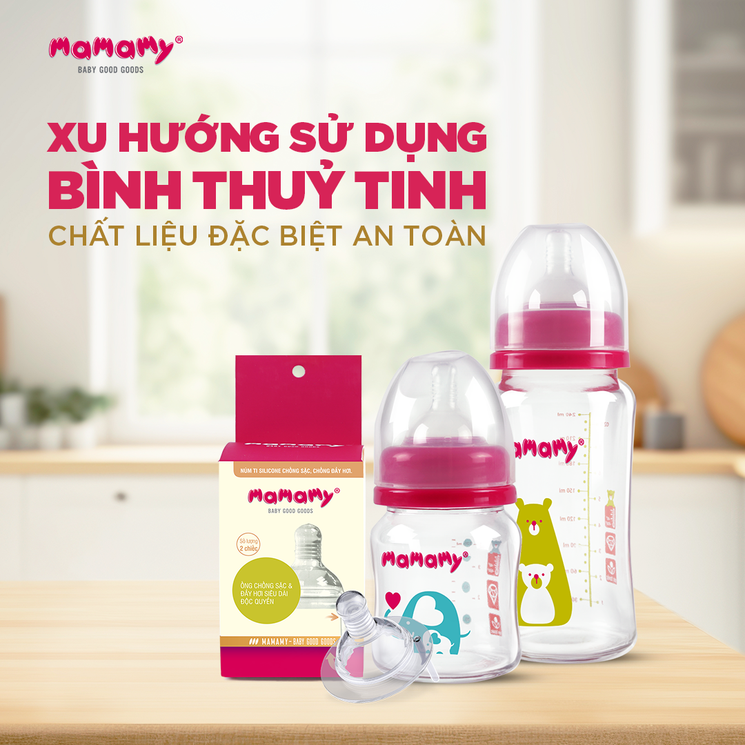 Mô tả Bình sữa cao cấp Mamamy cho bé dung tích 120ml, 240ml chất liệu thuỷ tinh siêu cứng, chống sặc và đầy hơi - 1