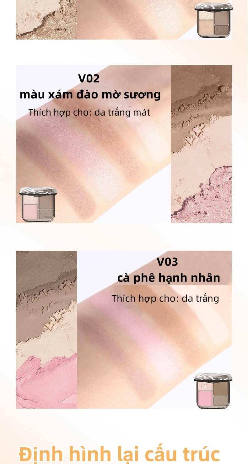 Mô tả Bảng phấn bắt sáng và tạo khối, phấn má hồng VEECCI Tự nhiên Lâu trôi Chống nước 8g - 5