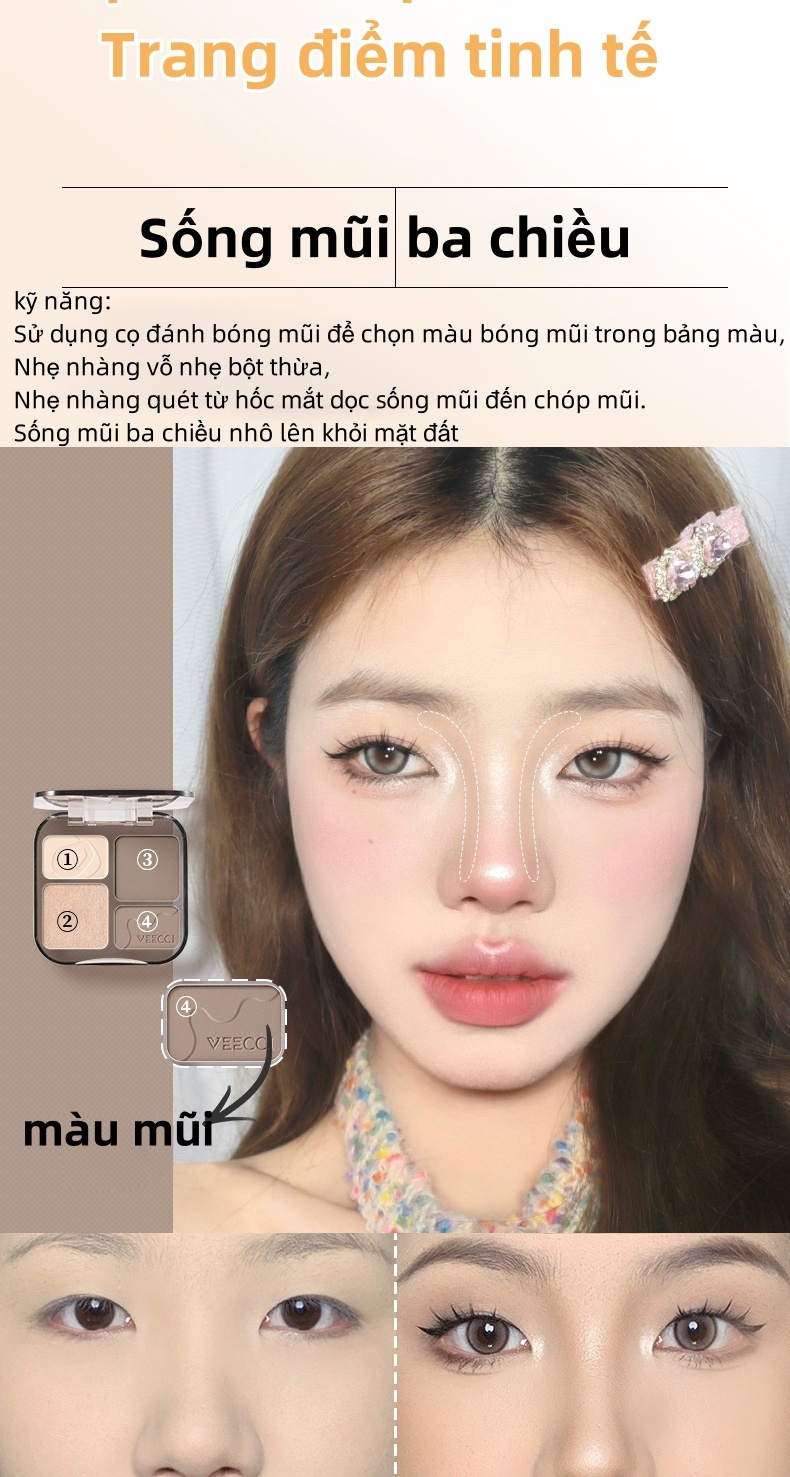 Mô tả Bảng phấn bắt sáng và tạo khối, phấn má hồng VEECCI Tự nhiên Lâu trôi Chống nước 8g - 6