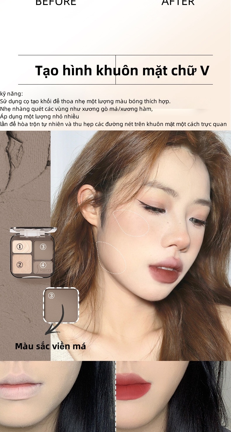 Mô tả Bảng phấn bắt sáng và tạo khối, phấn má hồng VEECCI Tự nhiên Lâu trôi Chống nước 8g - 8