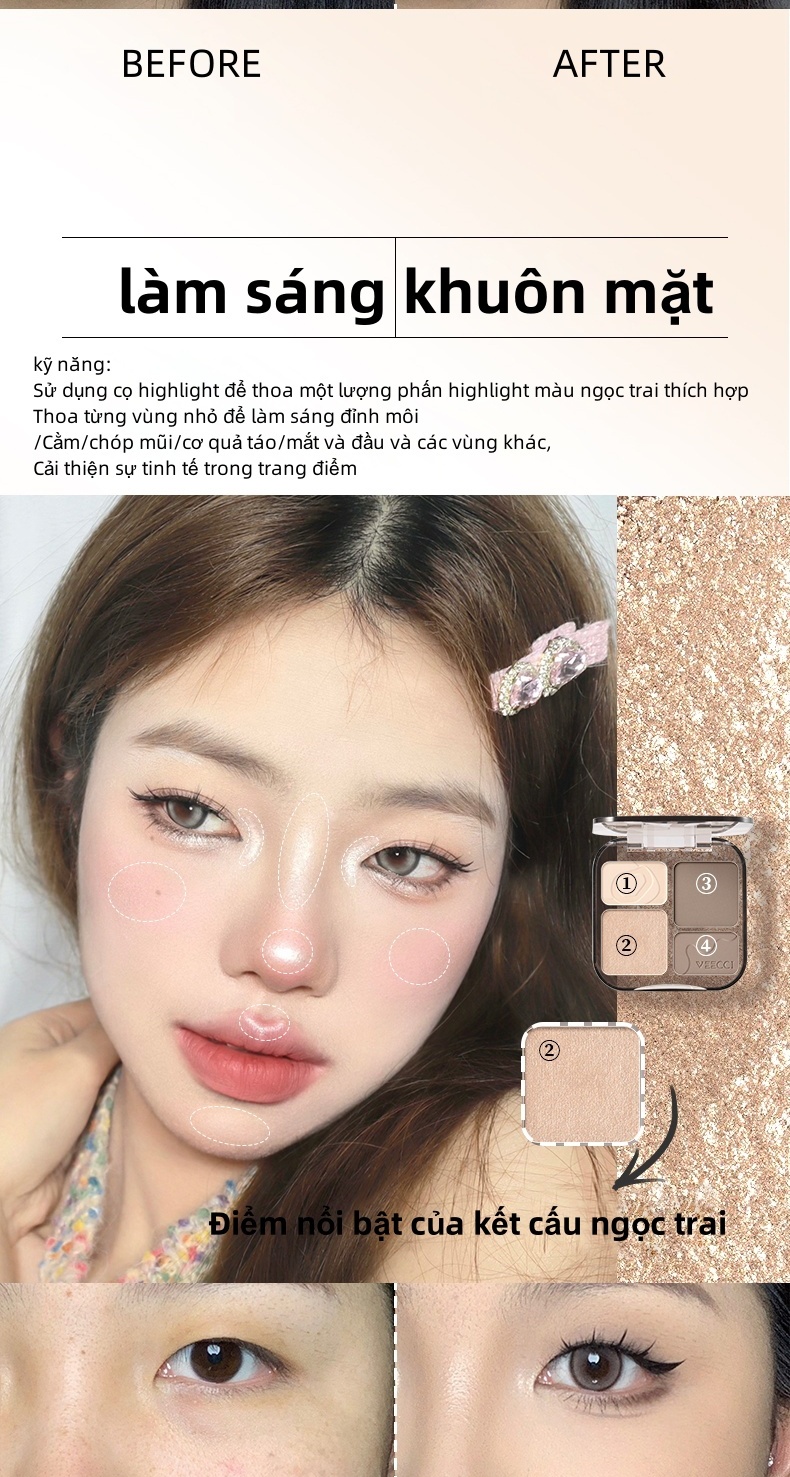 Mô tả Bảng phấn bắt sáng và tạo khối, phấn má hồng VEECCI Tự nhiên Lâu trôi Chống nước 8g - 9