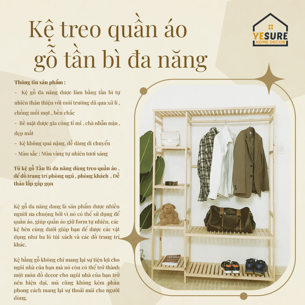 Mô tả Tủ Kệ Trang Trí Gỗ Tần Bì Kệ Đa Năng Treo Quần Áo Thiết Kế Thẩm Mỹ Dễ Dàng Lắp Đặt YESURE - Hàng chính hãng - 1