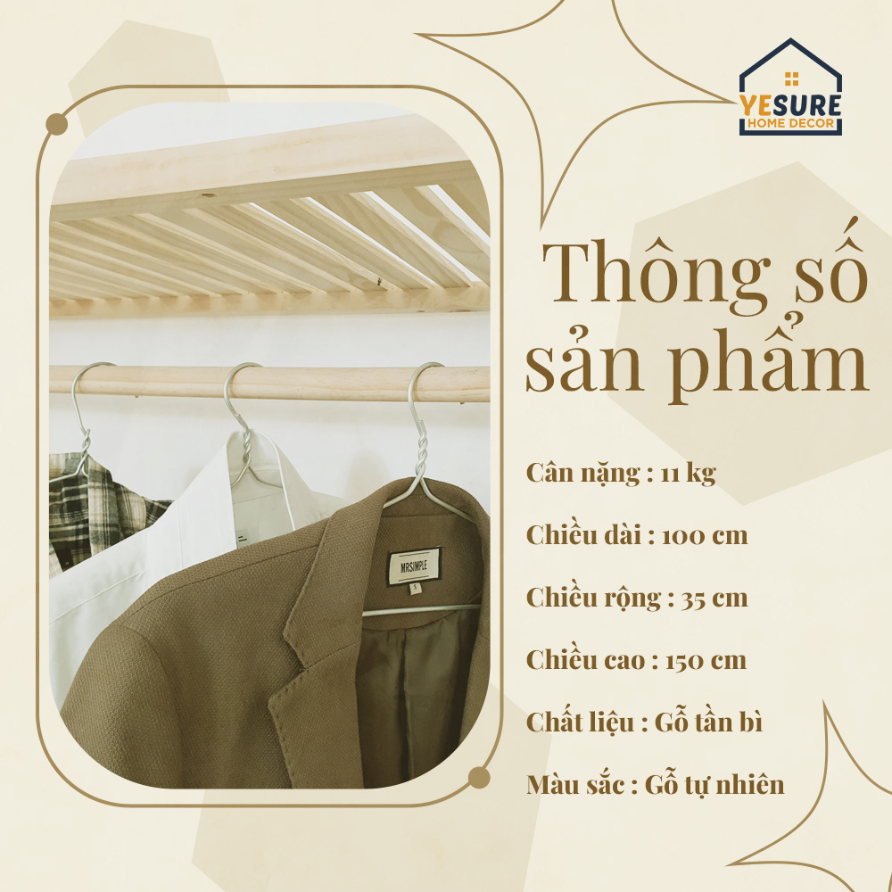 Mô tả Tủ Kệ Trang Trí Gỗ Tần Bì Kệ Đa Năng Treo Quần Áo Thiết Kế Thẩm Mỹ Dễ Dàng Lắp Đặt YESURE - Hàng chính hãng - 3