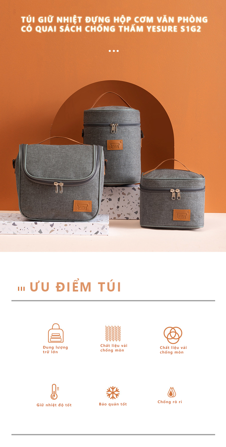 Mô tả Túi Giữ Nhiệt Chống Thấm Túi Đựng Hộp Cơm Văn Phòng Có Quai Sách, Thiết Kế Rộng Rãi YESURE S1G2 Cổ Điển Sang Trọng - 1