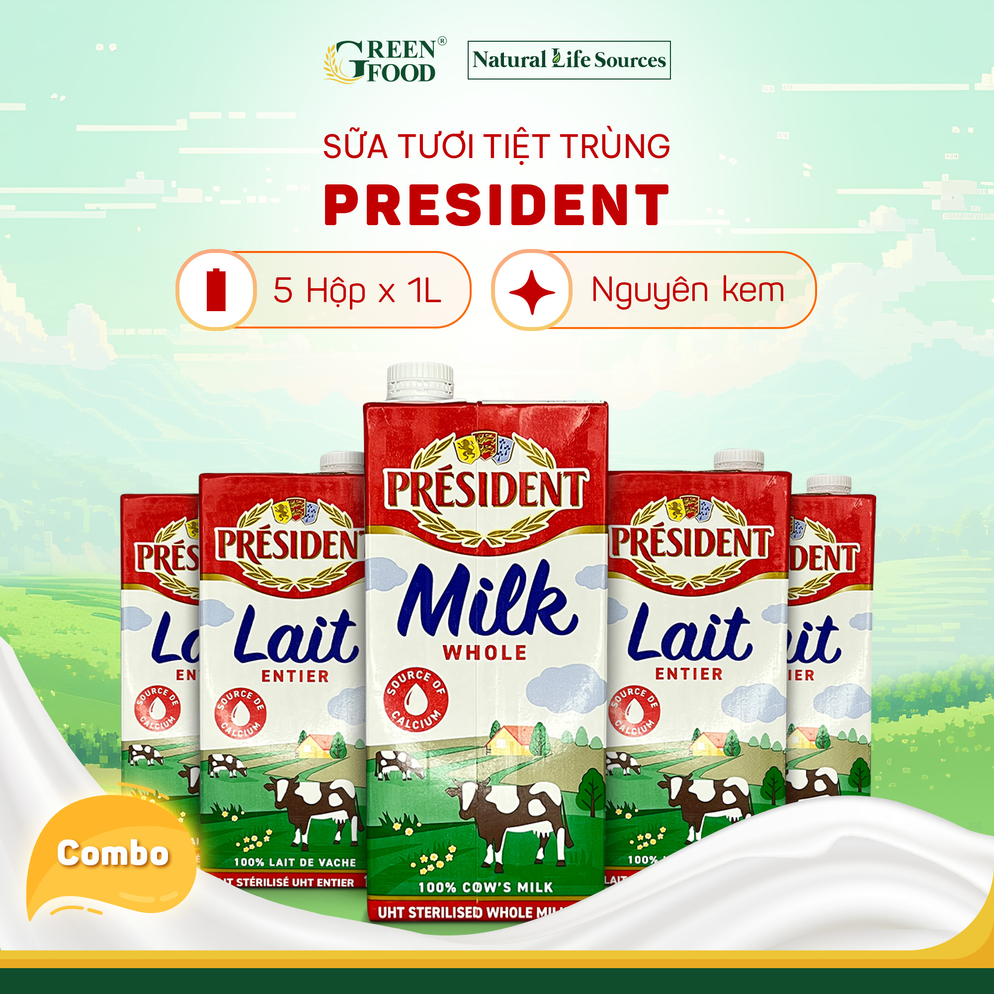 Mô tả Combo 5 Hộp Sữa Tươi Tiệt Trùng President Nguyên Kem 1L Không Đường- Độ Béo 3.6% nhập khẩu P - 1