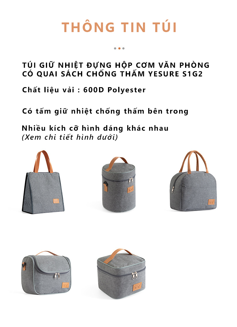 Mô tả Túi Giữ Nhiệt Chống Thấm Túi Đựng Hộp Cơm Văn Phòng Có Quai Sách, Thiết Kế Rộng Rãi YESURE S1G2 Cổ Điển Sang Trọng - 2