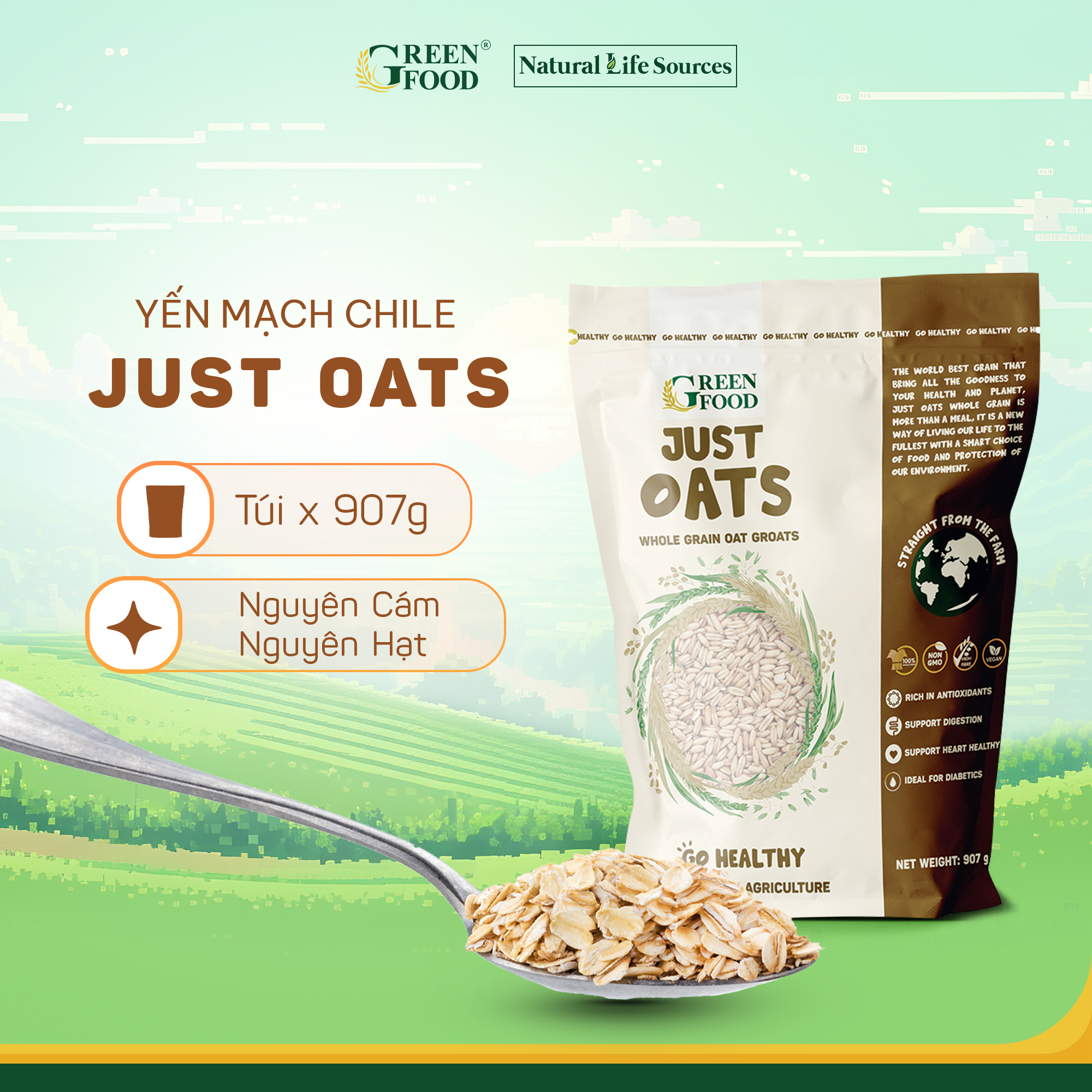 Mô tả Yến mạch Chile Just Oats nguyên cám nguyên hạt | Túi 907g, giàu chất xơ, hạt dinh dưỡng - 1