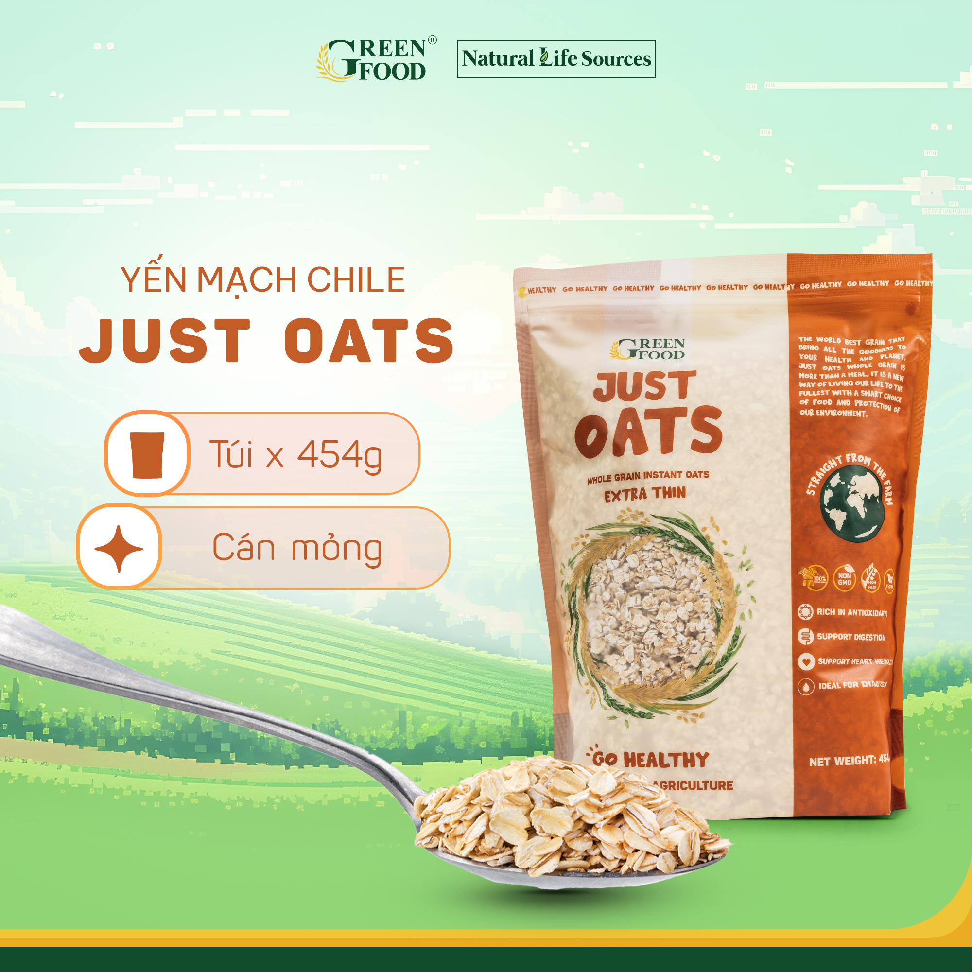 Mô tả Yến mạch Chile JUST OATS nguyên chất cán mỏng | Túi 454g- Ăn Liền, Túi Tiện lợi, nhập khẩu Chile - 1