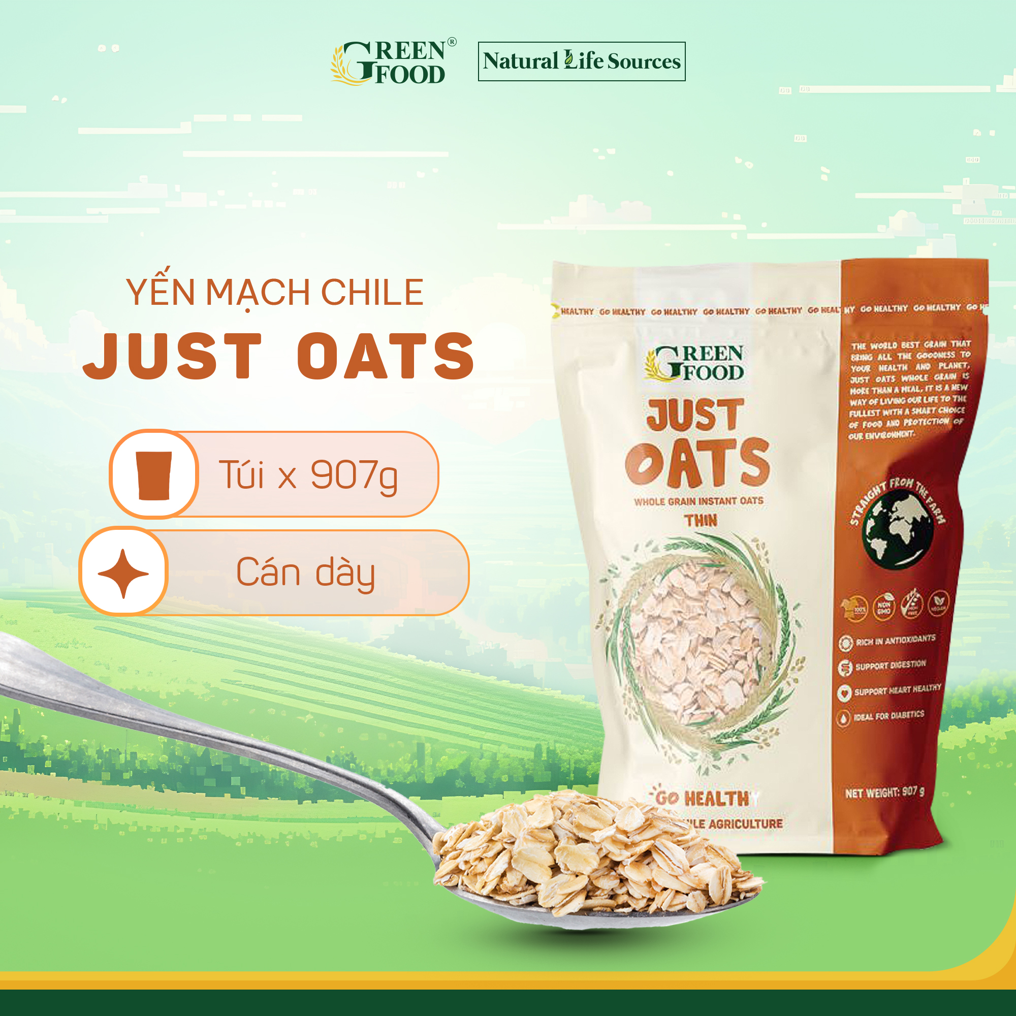 Mô tả Yến mạch Chile JUST OATS nguyên chất cán dày | Túi 907g - Ăn Liền, Túi Tiện lợi, nhập khẩu Chile - 1