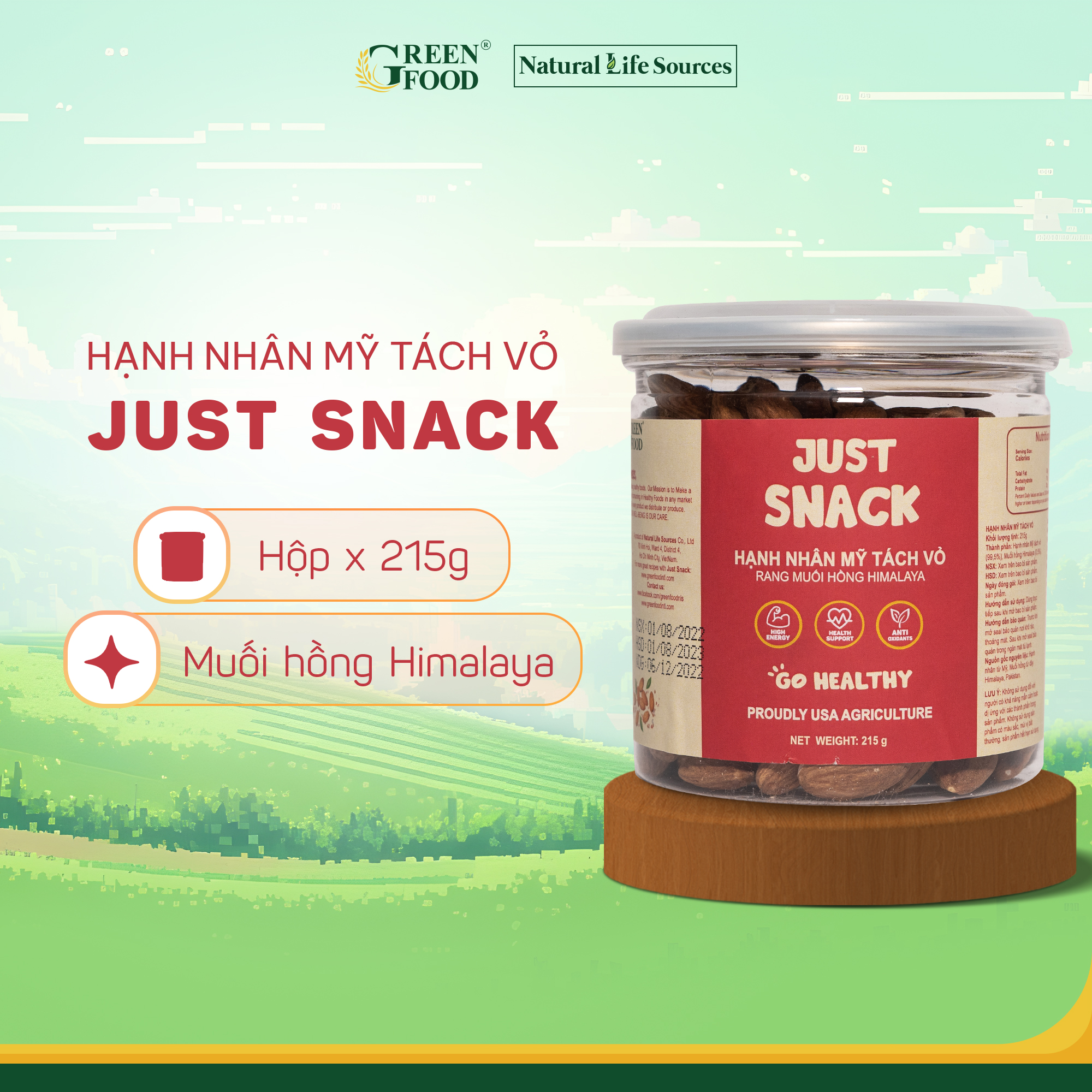 Mô tả Hạnh Nhân Mỹ Rang Muối Hồng Himalaya Just Snack Green Food Tách Vỏ | Hộp 215g - 1