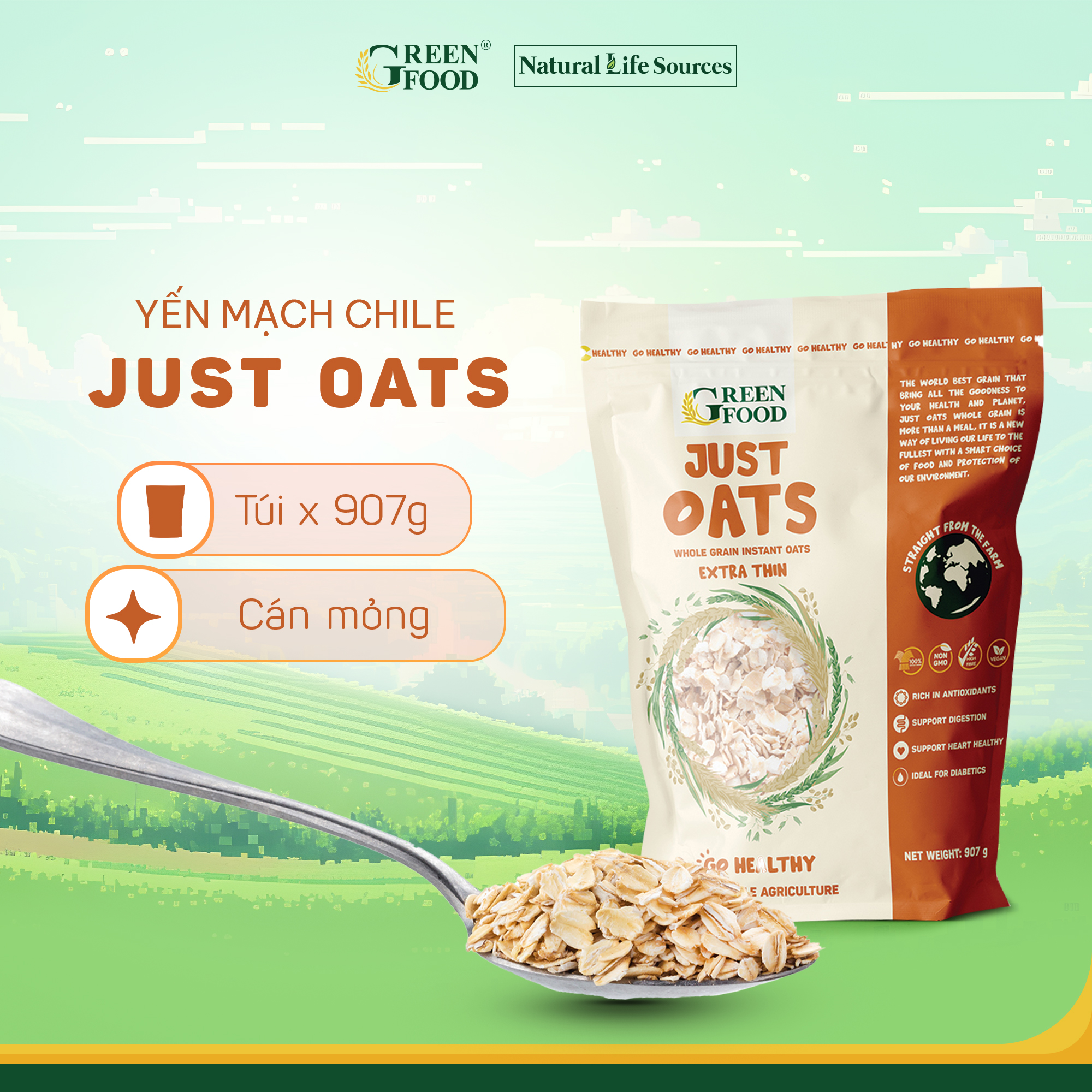 Mô tả Yến Mạch Chile JUST OATS Green Food nguyên chất cán mỏng - Túi 907g Ăn liền - 1