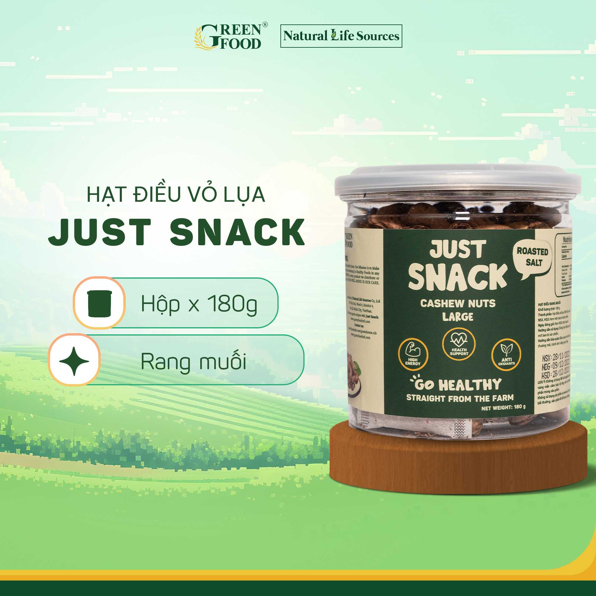 Mô tả Hạt điều vỏ lụa rang muối Just Snack Green Food kích cỡ to hộp 180g - 1