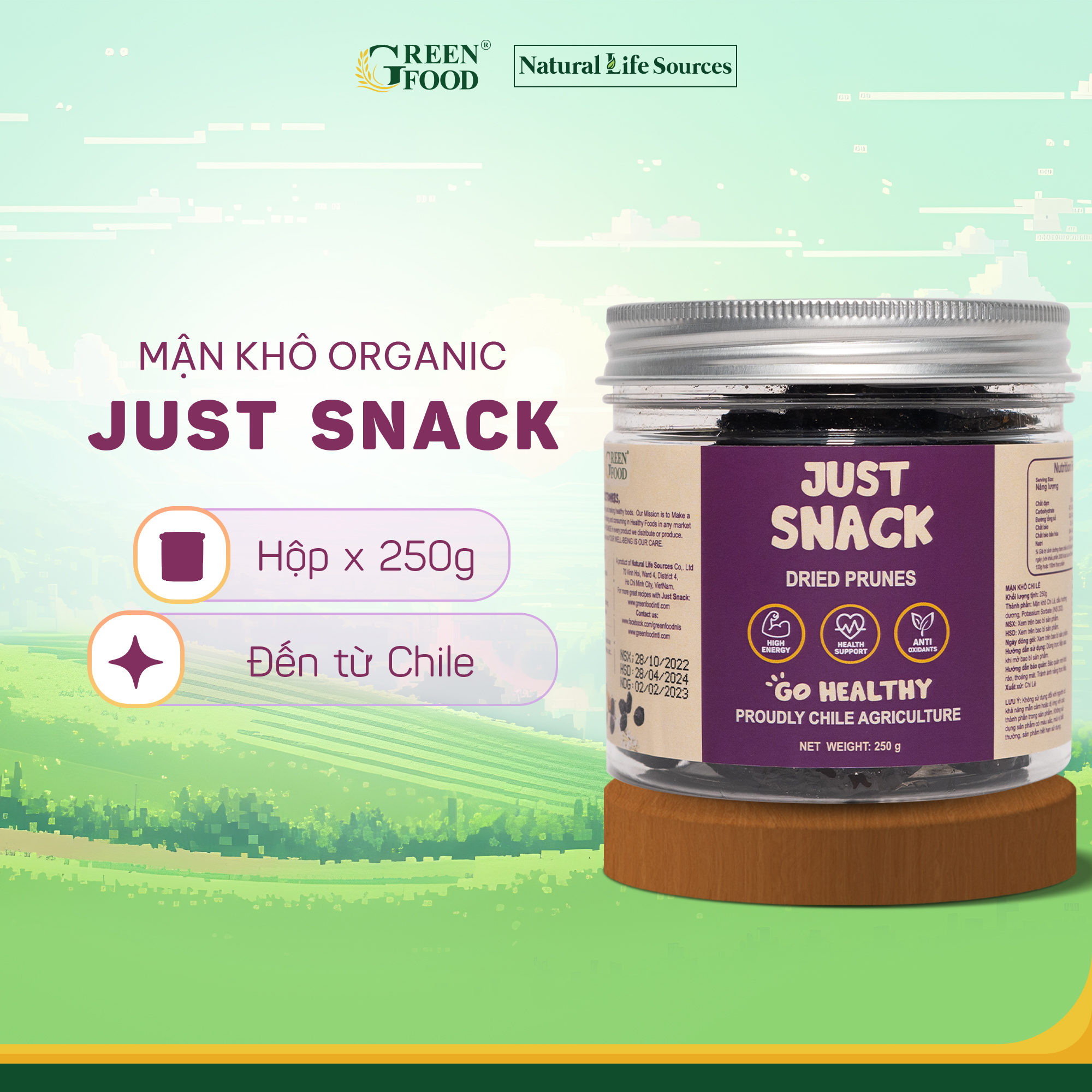 Mô tả Mận khô Chile Dried Prunes Just Snack thương hiệu Green Food kích cỡ medium | Hộp 250g - 1