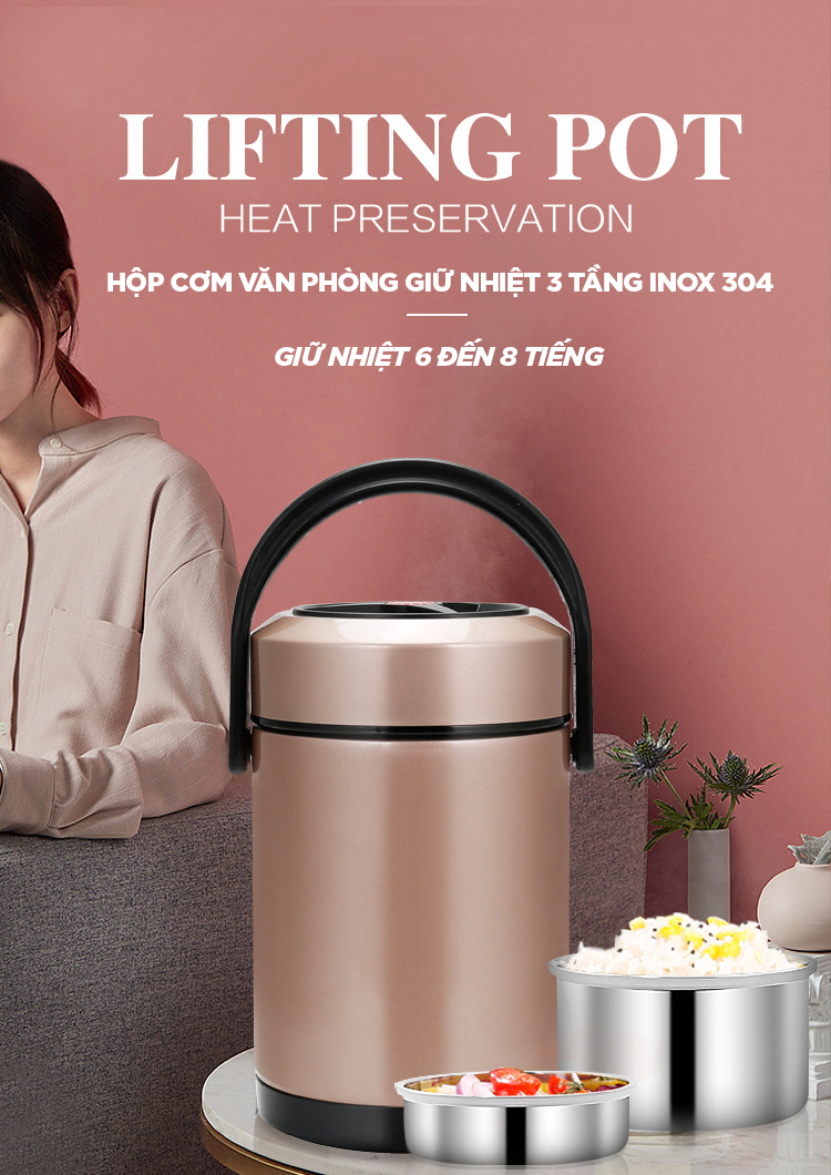 Mô tả Hộp cơm văn phòng giữ nhiệt 3 tầng Hộp Cơm Inox 304 cao cấp giữ nhiệt lâu 6 - 8 tiếng YESURE - Hàng chính hãng - 1